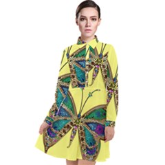 Butterfly Mosaic Yellow Colorful Long Sleeve Chiffon Shirt Dress by Amaryn4rt