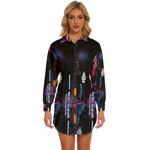 Roadway Surrounded Building During Nighttime Womens Long Sleeve Shirt Dress by Modalart