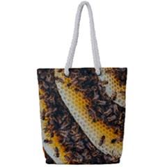 Yellow And Black Bees On Brown And Black Full Print Rope Handle Tote (small) by Ndabl3x