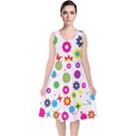 Floral Colorful Background V-Neck Midi Sleeveless Dress 