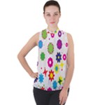 Floral Colorful Background Mock Neck Chiffon Sleeveless Top