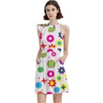 Floral Colorful Background Cocktail Party Halter Sleeveless Dress With Pockets