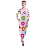 Floral Colorful Background Quarter Sleeve Midi Velour Bodycon Dress