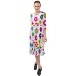 Floral Colorful Background Ruffle End Midi Chiffon Dress