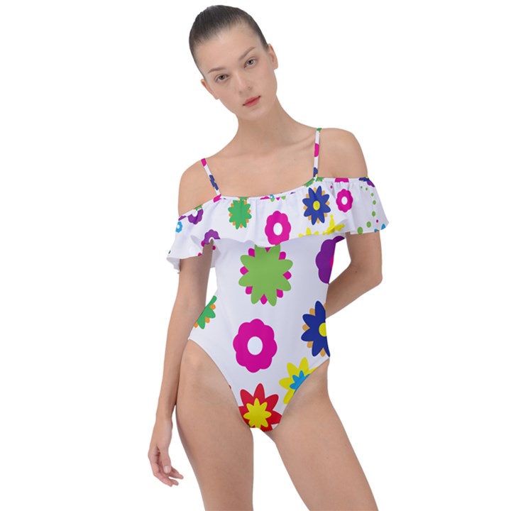 Floral Colorful Background Frill Detail One Piece Swimsuit