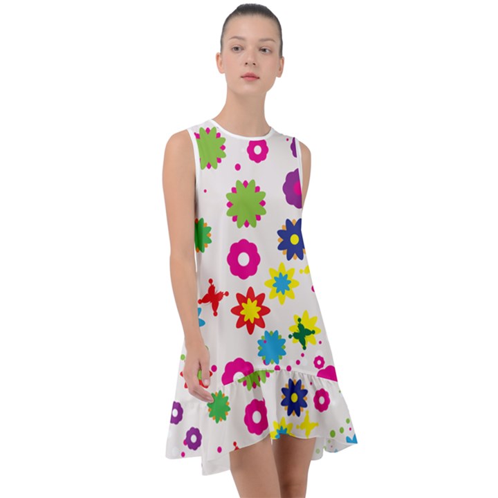 Floral Colorful Background Frill Swing Dress