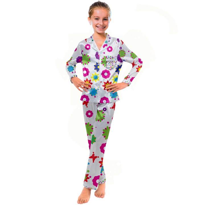 Floral Colorful Background Kids  Satin Long Sleeve Pajamas Set