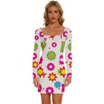 Floral Colorful Background Long Sleeve Square Neck Bodycon Velvet Dress