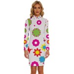 Floral Colorful Background Long Sleeve Shirt Collar Bodycon Dress