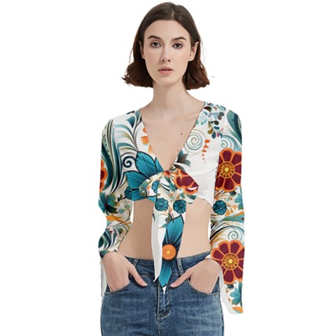 Flowers Scrapbook Decorate Trumpet Sleeve Cropped Top by Grandong