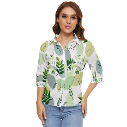 Leaves Foliage Pattern Abstract Women s Quarter Sleeve Pocket Shirt by Grandong