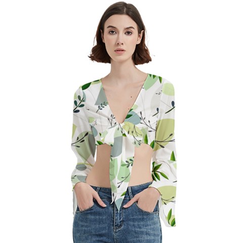 Leaves Foliage Pattern Abstract Trumpet Sleeve Cropped Top by Grandong