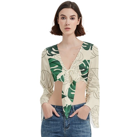 Leaves Monstera Background Trumpet Sleeve Cropped Top by Grandong