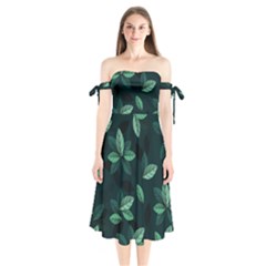 Leaves Foliage Plants Pattern Shoulder Tie Bardot Midi Dress by Grandong