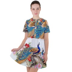 Birds Peacock Artistic Colorful Flower Painting Short Sleeve Shoulder Cut Out Dress  by Sarkoni
