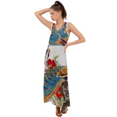 Birds Peacock Artistic Colorful Flower Painting V-neck Chiffon Maxi Dress by Sarkoni