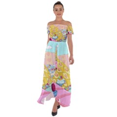 Pillows And Vegetable Field Illustration Adventure Time Cartoon Off Shoulder Open Front Chiffon Dress by Sarkoni