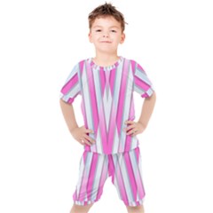 Geometric 3d Design Pattern Pink Kids  T-shirt And Shorts Set by Apen