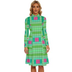 Checkerboard Squares Abstract Long Sleeve Shirt Collar A-line Dress by Apen