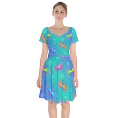 Non Seamless Pattern Blues Bright Short Sleeve Bardot Dress by Dutashop