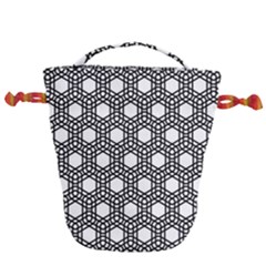 Geometric Floral Curved Shape Motif Drawstring Bucket Bag