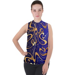 Squiggly Lines Blue Ombre Mock Neck Chiffon Sleeveless Top by Ravend