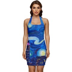 Starry Night In New York Van Gogh Manhattan Chrysler Building And Empire State Building Sleeveless Wide Square Neckline Ruched Bodycon Dress by Modalart