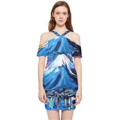 Mount Fuji Art Starry Night Van Gogh Shoulder Frill Bodycon Summer Dress by Modalart