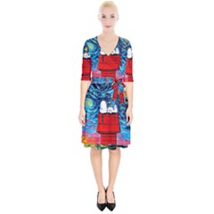 Red House Dog Cartoon Starry Night Wrap Up Cocktail Dress by Modalart