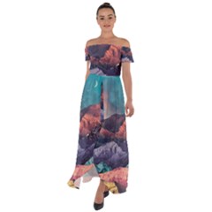 Adventure Psychedelic Mountain Off Shoulder Open Front Chiffon Dress by Modalart