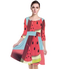 Watermelon Fruit Quarter Sleeve Waist Band Dress by Modalart