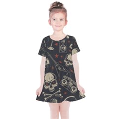 Grunge Seamless Pattern With Skulls Kids  Simple Cotton Dress by Bedest