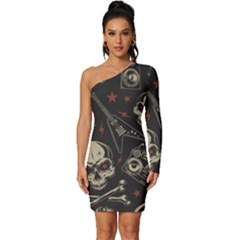 Grunge Seamless Pattern With Skulls Long Sleeve One Shoulder Mini Dress by Bedest