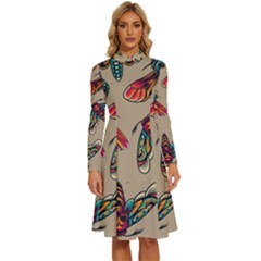 Tattoos Colorful Seamless Pattern Long Sleeve Shirt Collar A-line Dress by Bedest