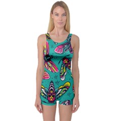 Vintage Colorful Insects Seamless Pattern One Piece Boyleg Swimsuit