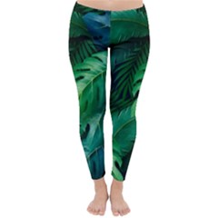 Tropical Green Leaves Background Classic Winter Leggings by Bedest
