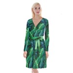 Tropical Green Leaves Background Long Sleeve Velvet Front Wrap Dress