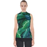 Tropical Green Leaves Background Mock Neck Shell Top