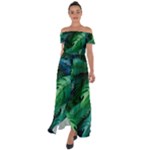 Tropical Green Leaves Background Off Shoulder Open Front Chiffon Dress