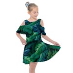 Tropical Green Leaves Background Kids  Shoulder Cutout Chiffon Dress