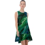 Tropical Green Leaves Background Frill Swing Dress