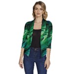 Tropical Green Leaves Background Women s Draped Front 3/4 Sleeve Shawl Collar Jacket