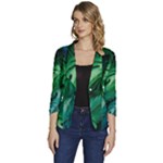 Tropical Green Leaves Background Women s One-Button 3/4 Sleeve Short Jacket