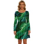 Tropical Green Leaves Background Long Sleeve Wide Neck Velvet Dress