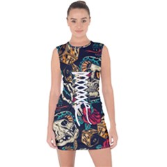 Vintage Art Tattoos Colorful Seamless Pattern Lace Up Front Bodycon Dress by Bedest