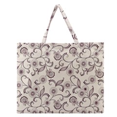 White And Brown Floral Wallpaper Flowers Background Pattern Zipper Large Tote Bag by Pakjumat