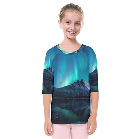 Aurora Borealis Mountain Reflection Kids  Quarter Sleeve Raglan T-shirt by Pakjumat