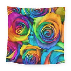 Colorful Roses Bouquet Rainbow Square Tapestry (large) by Pakjumat