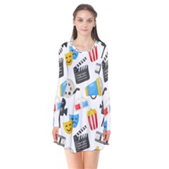 Cinema Icons Pattern Seamless Signs Symbols Collection Icon Long Sleeve V-neck Flare Dress