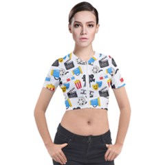 Cinema Icons Pattern Seamless Signs Symbols Collection Icon Short Sleeve Cropped Jacket